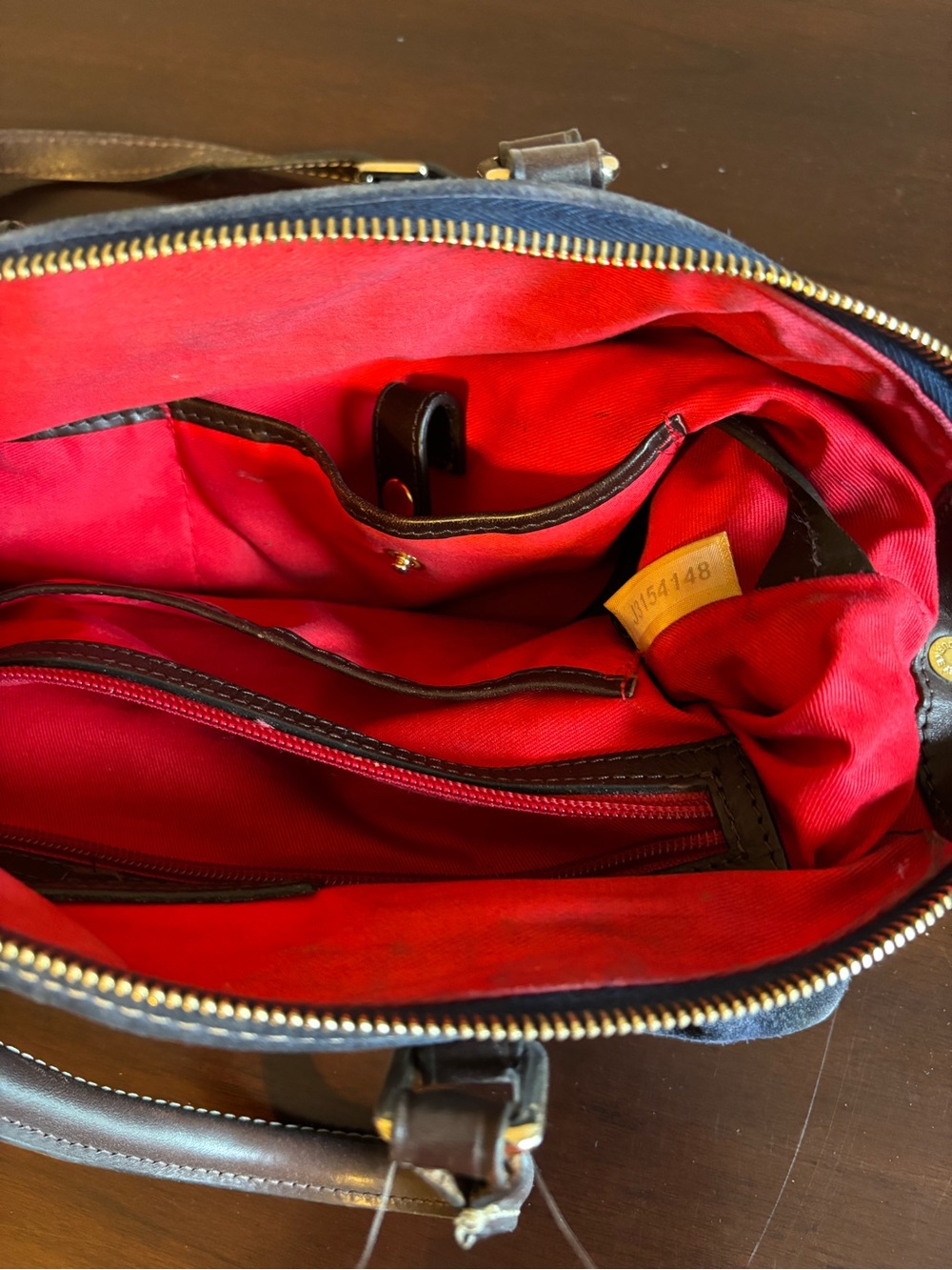 Dooney & Bourke Navy Suede Satchel with Brown Leather Trim - Picture 3 of 4